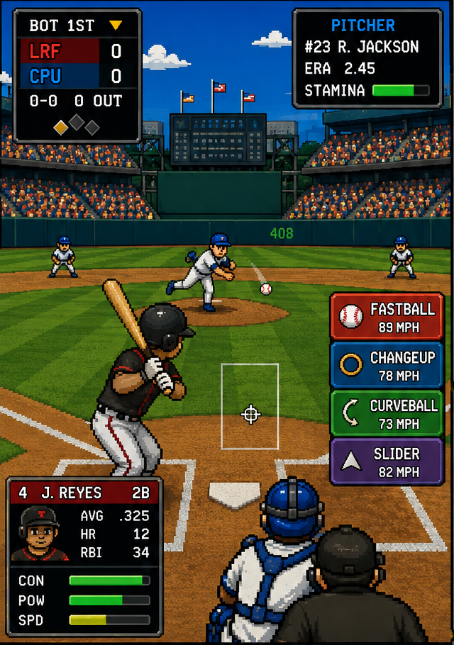 Pixel baseball stadium with batter facing pitcher